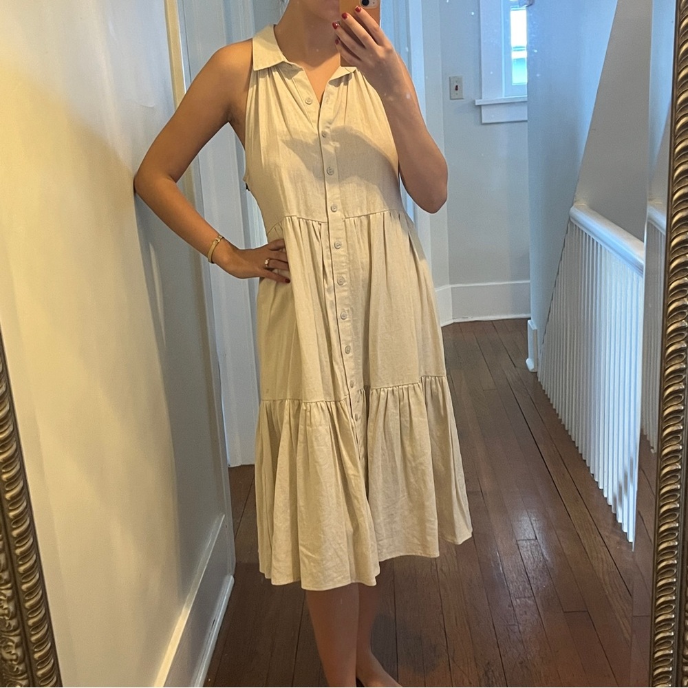 Nicole Miller Ivory/Beige Button-Down Midi Dress